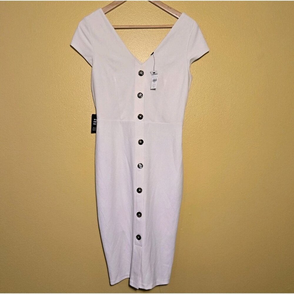 Express V Neck Short Sleeve Midi Dress Tortoise Sell Buttons Lined Ivory Beige S